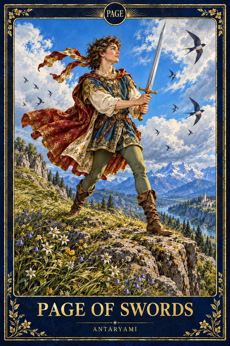 Original Antaryami Page of Swords showing a standing figure holding an upright sword in a windy landscape, with birds above the clouds.