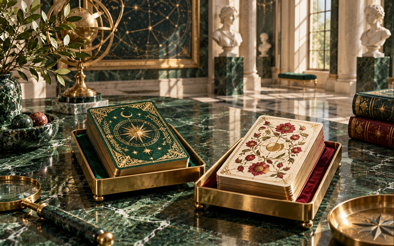 Two distinct original decorative card collections on a library table, one with familiar suit motifs and one with botanical images; conceptual comparison art, not publisher reproductions.