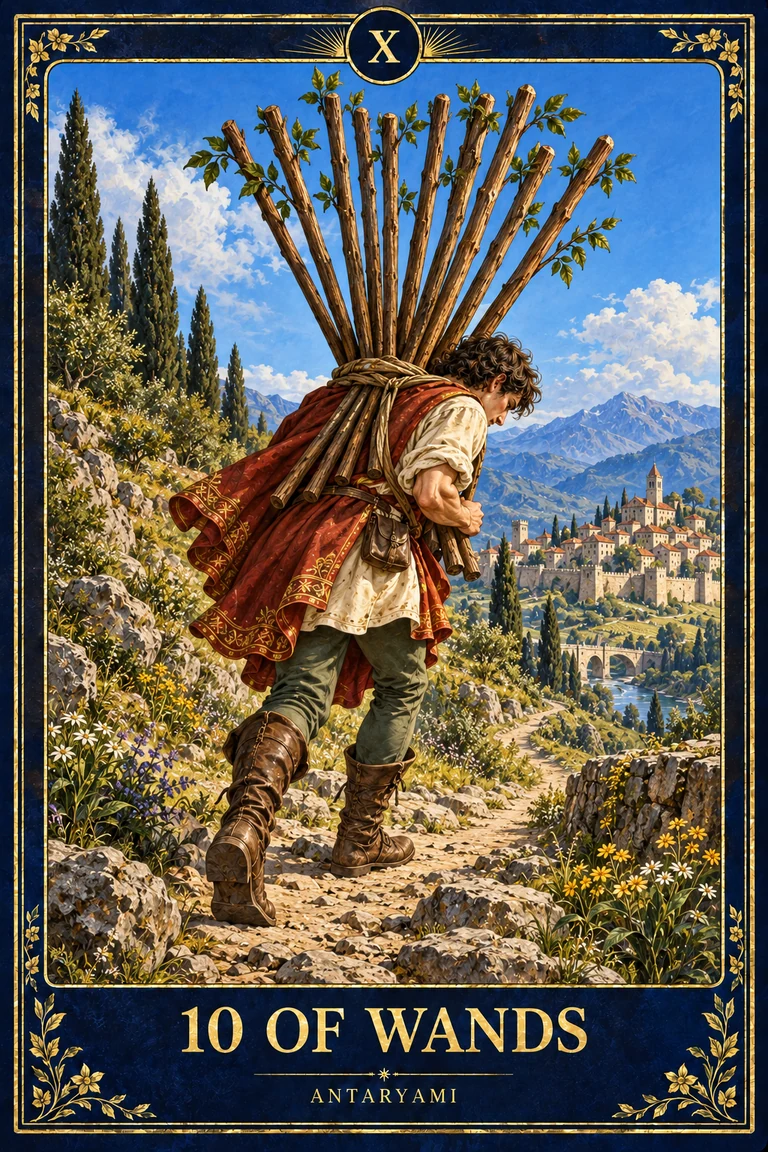 Original Antaryami Ten of Wands artwork with a bent figure carrying a dense bundle of ten staffs toward a town.
