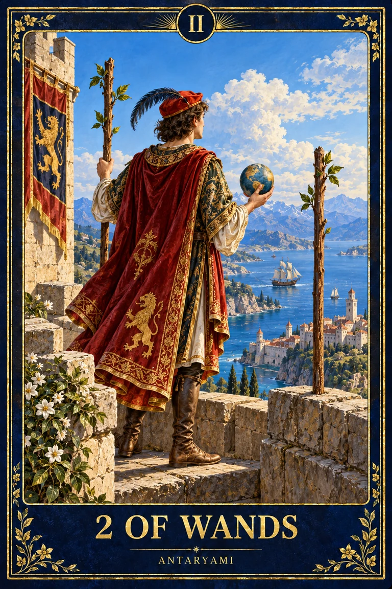Original Antaryami Two of Wands artwork with a red-robed figure holding a globe between two staffs above the sea.