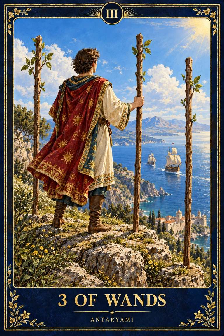 Original Antaryami Three of Wands artwork showing a figure facing ships at sea with three staffs on a rocky outlook.