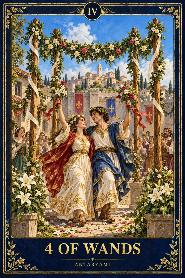 Original Antaryami Four of Wands artwork with four garlanded staffs, two celebrating figures and a courtyard near a castle.