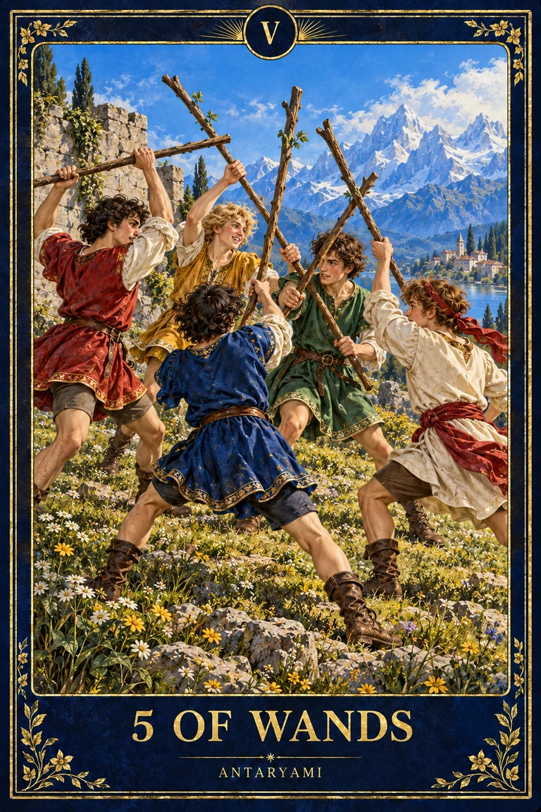 Original Antaryami Five of Wands artwork showing five figures with crossing staffs in an open outdoor practice scene.