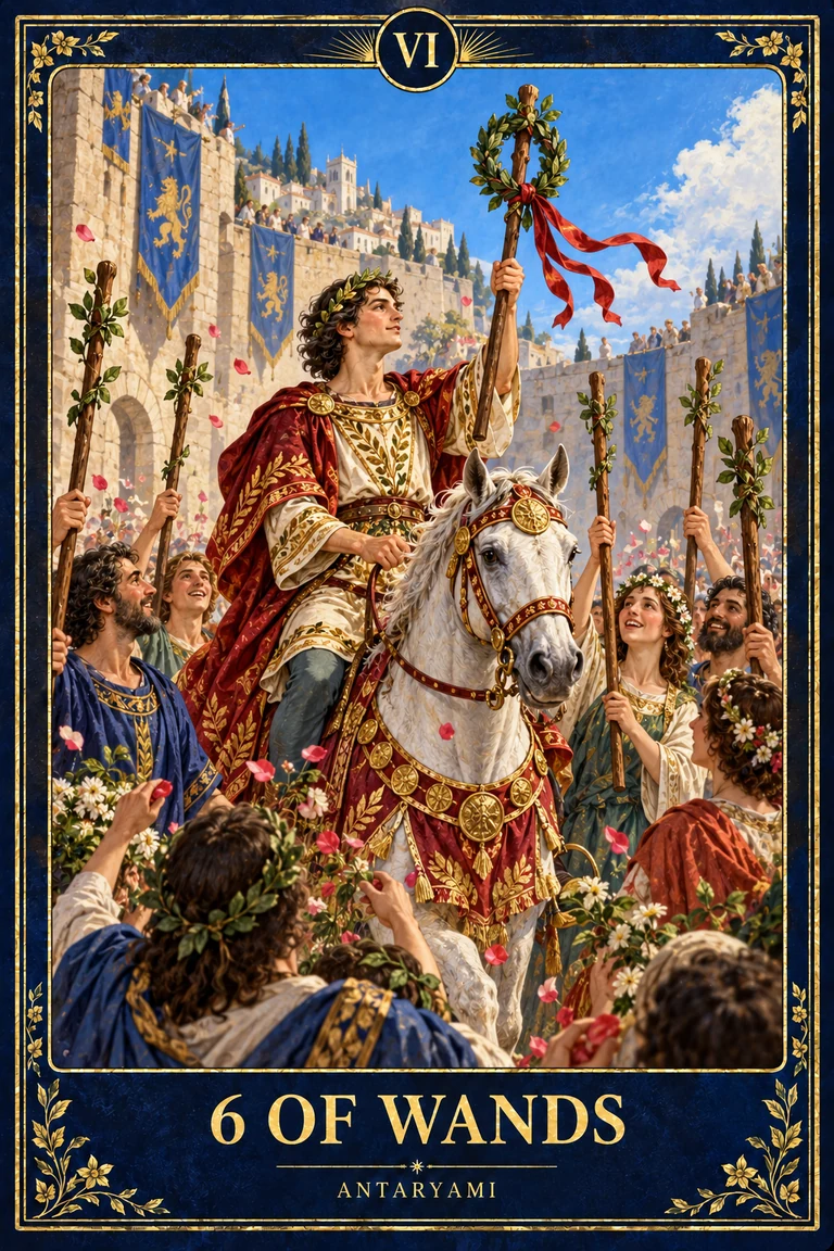 Original Antaryami Six of Wands artwork showing a laurel-wearing rider on a white horse with a wreath-topped staff and a crowd.