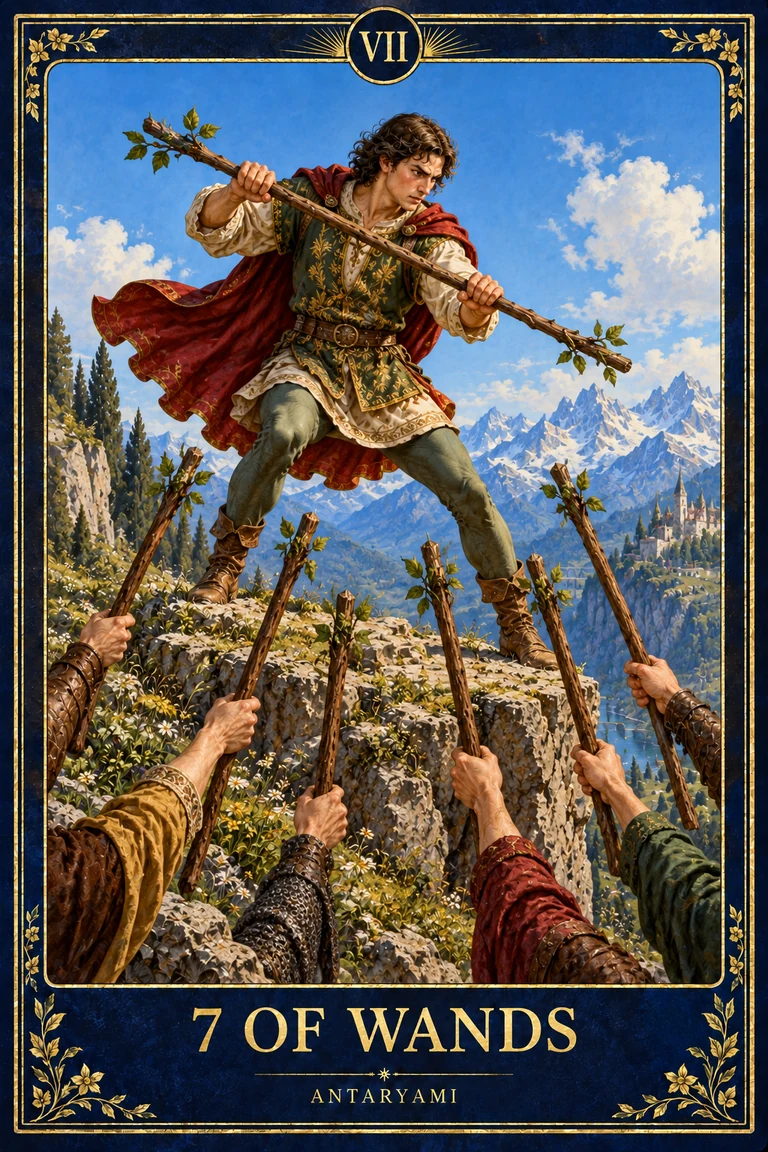 Original Antaryami Seven of Wands artwork showing a figure on high ground holding a staff above six raised wands.