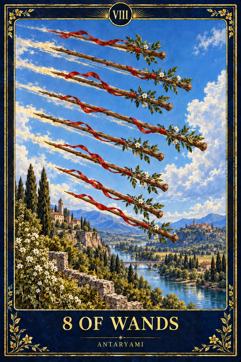 Original Antaryami Eight of Wands artwork with eight staffs flying diagonally over a sunlit valley and distant hills.