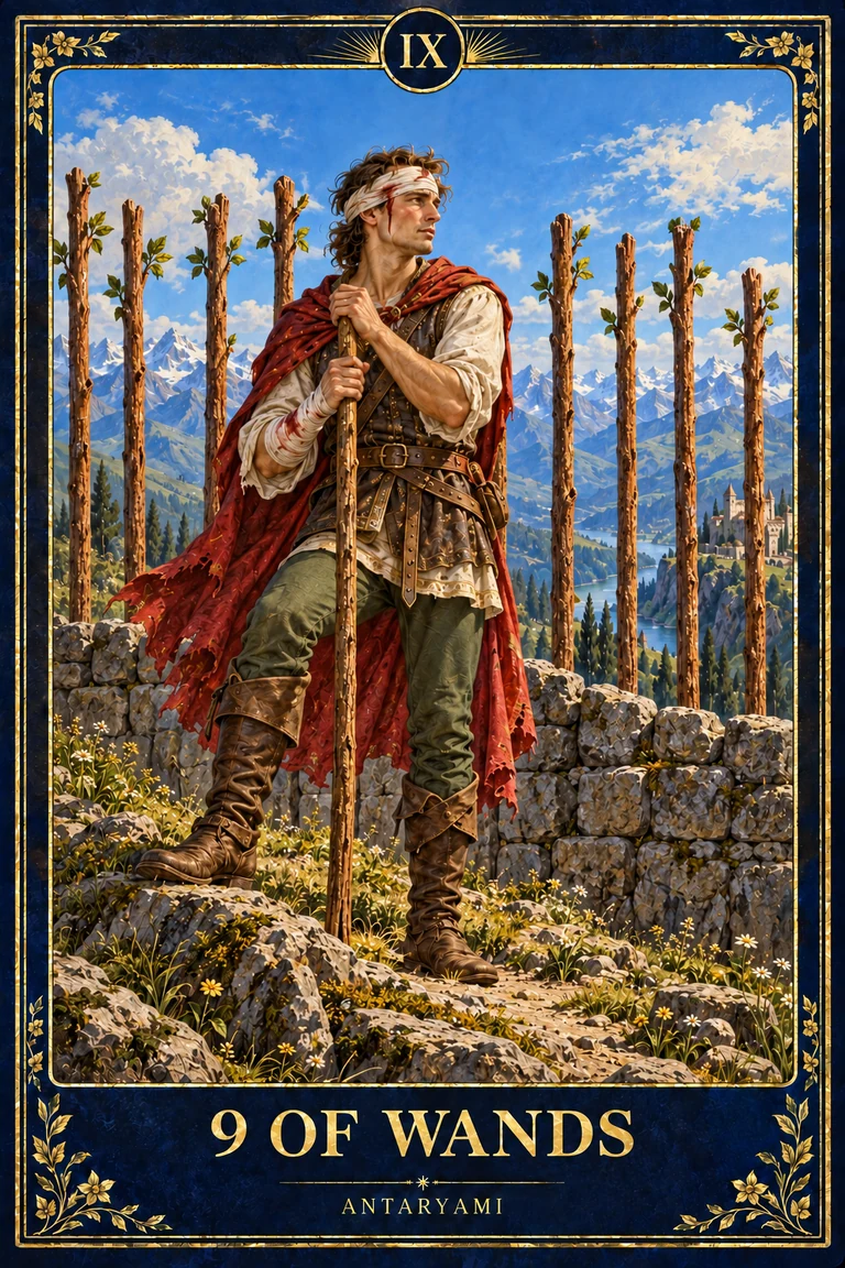 Original Antaryami Nine of Wands artwork showing a bandaged figure holding one staff before a row of eight upright wands.