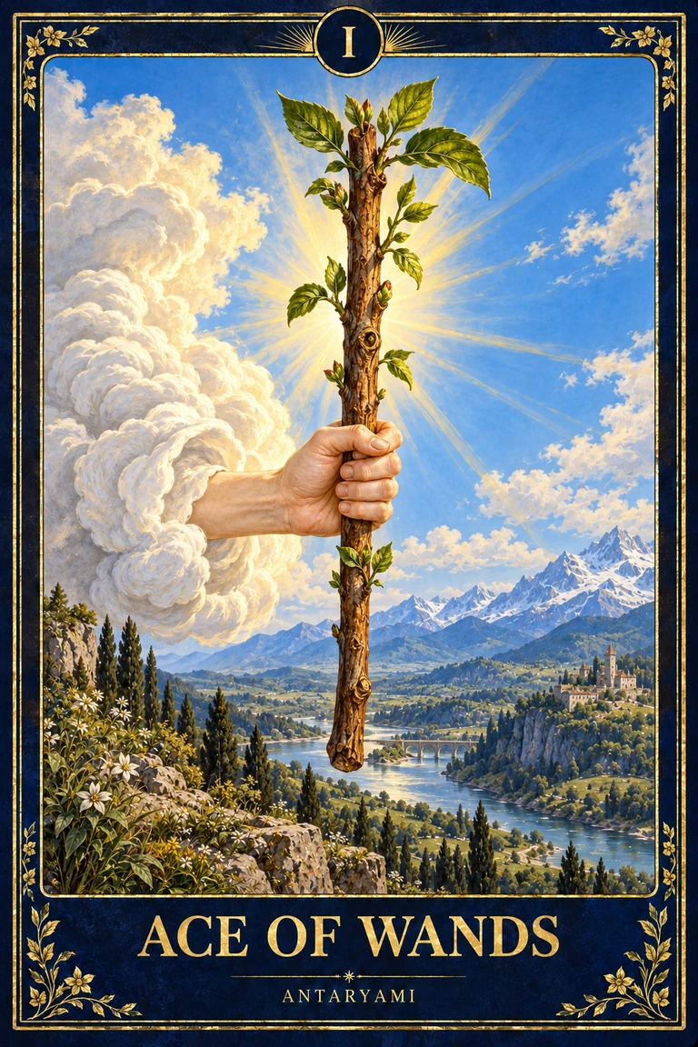 Original Antaryami Ace of Wands artwork showing a cloud-held sprouting staff above a bright mountain landscape.