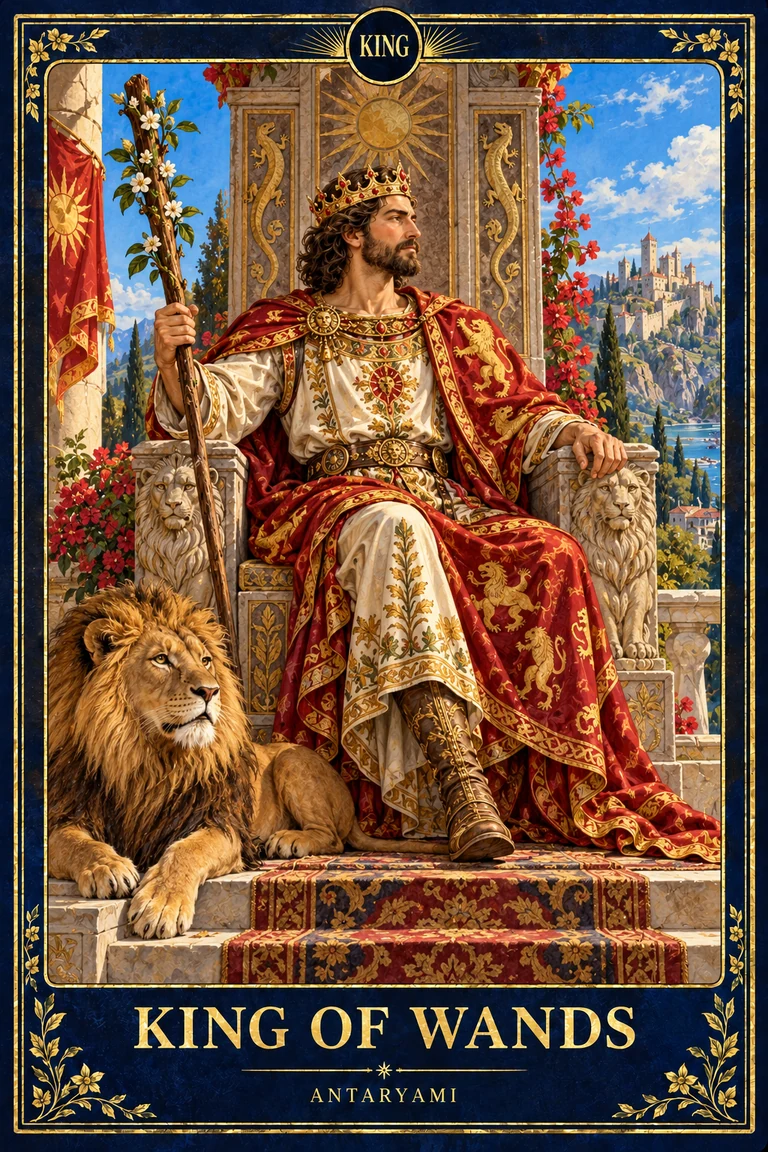 Original Antaryami King of Wands artwork showing a crowned red-robed figure with a staff on a stone throne and a lion in the foreground.