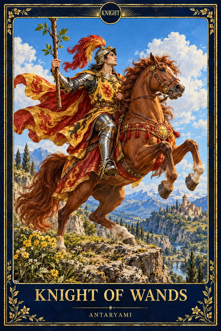 Original Antaryami Knight of Wands artwork showing an armoured rider with a staff on a rearing brown horse in a bright desert landscape.