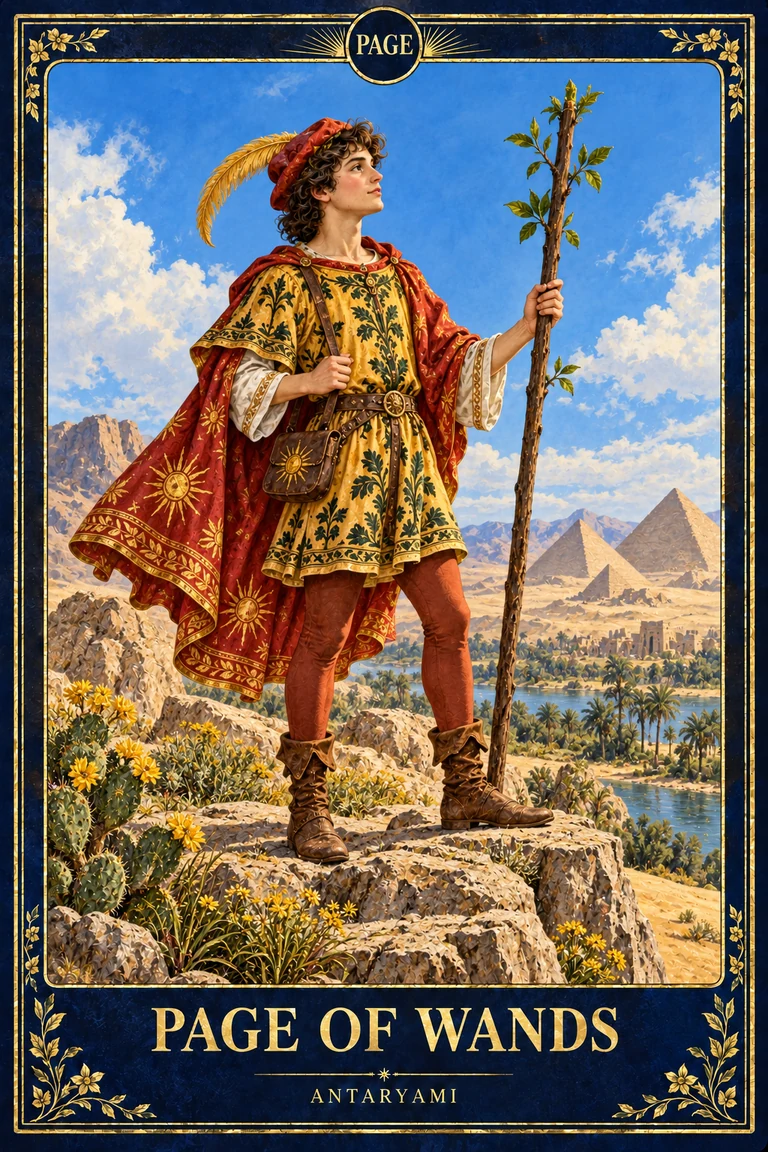 Original Antaryami Page of Wands artwork showing a young figure examining a sprouting staff in an open landscape.