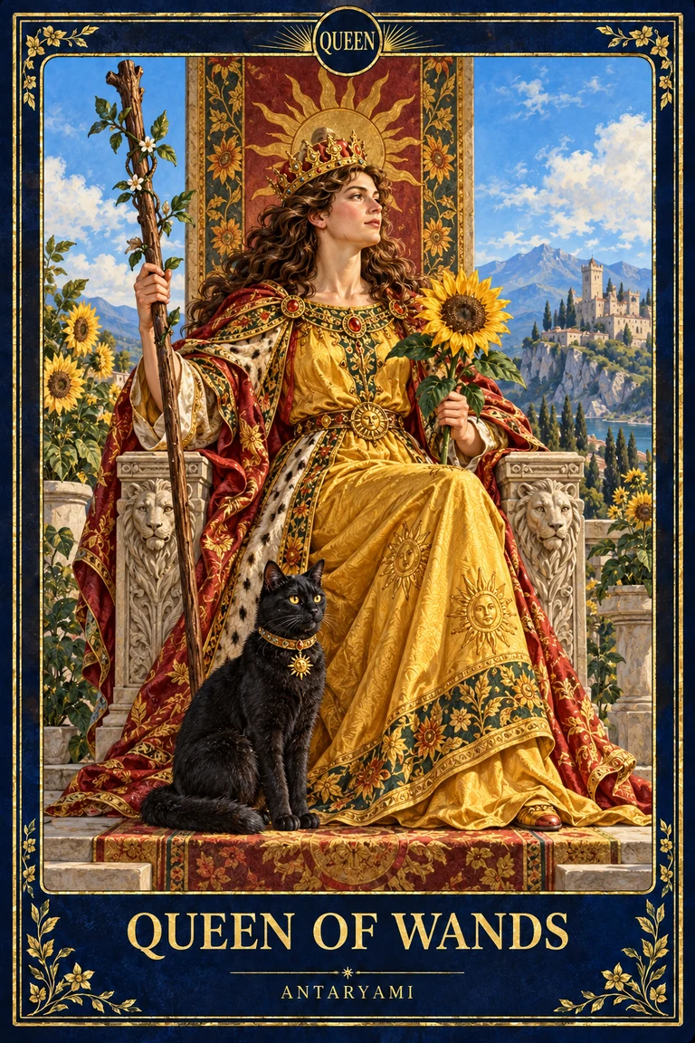 Original Antaryami Queen of Wands artwork showing a seated figure in yellow with a sunflower, a staff and a black cat.