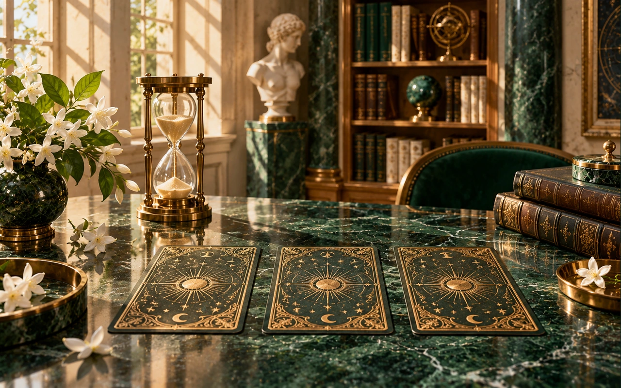 Three original decorative tarot cards on a polished stone surface with warm library light; a conceptual three-position spread, not a recorded customer draw.