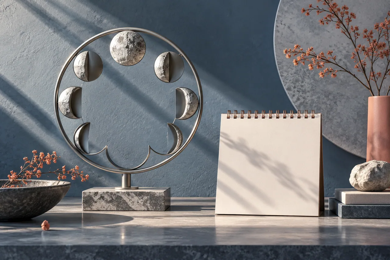 A circular lunar sculpture beside a blank square calendar sheet.