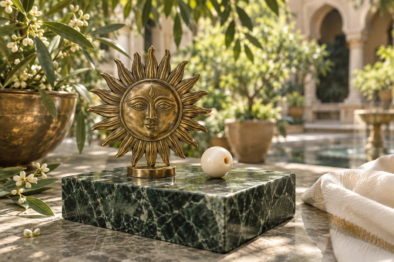 An illustrative brass sun disc and an ivory counting bead on green stone in a leafy courtyard.