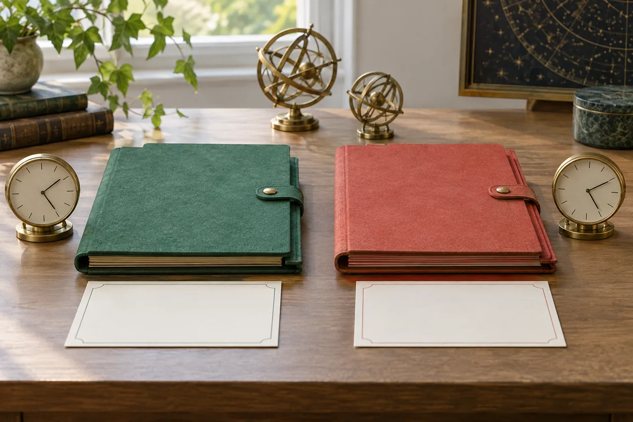 Two separate coloured record folders with their own blank cards and clocks, arranged with a clear gap between them.