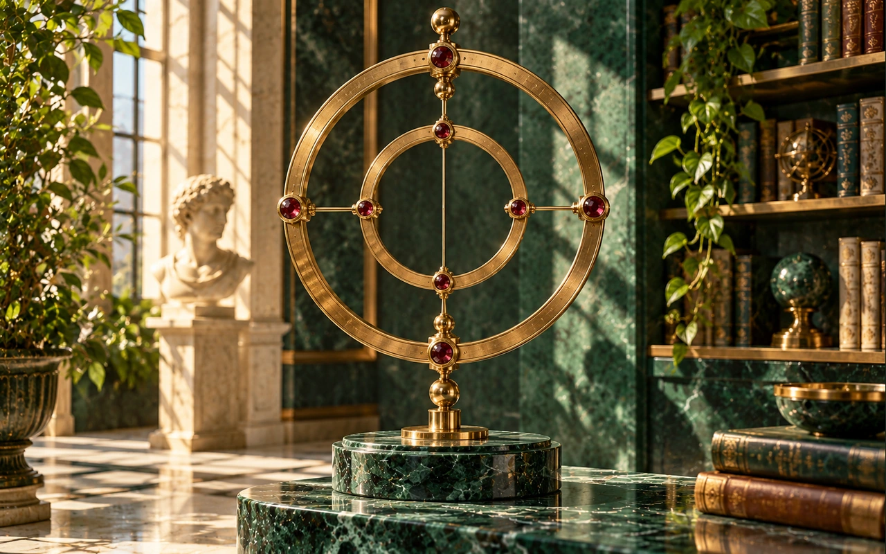 Two concentric decorative brass frames with matching ruby markers in an imagined library; conceptual repetition artwork, not a computed D1-D9 relationship.