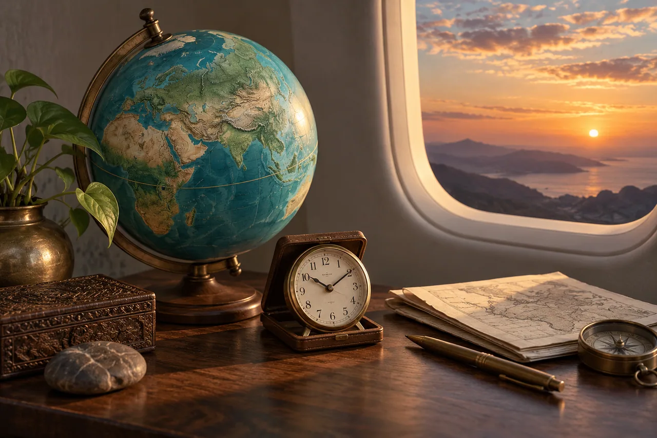 A globe and travel clock beside archival paper for an overseas birth record.