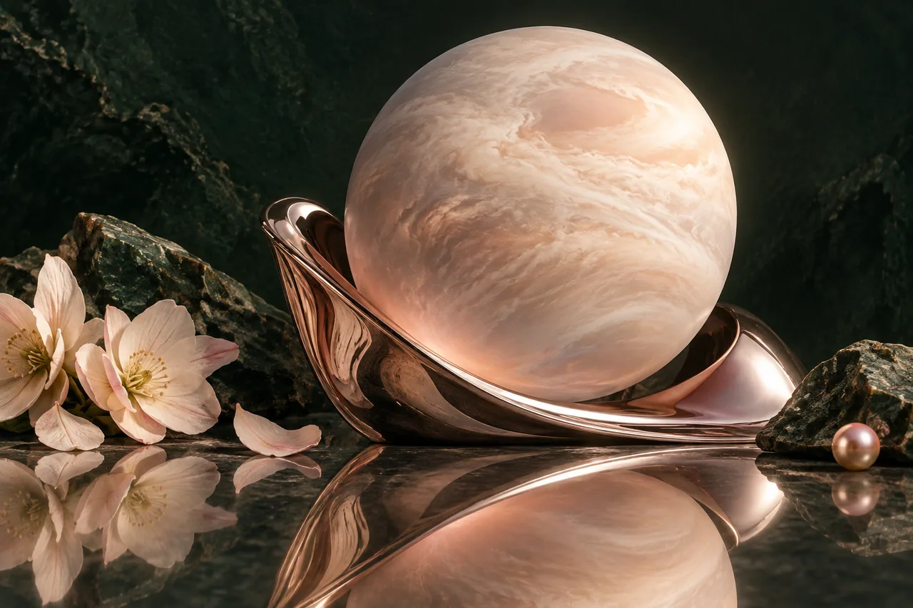 A cloud-covered Venus sphere reflected in a polished sculptural surface.