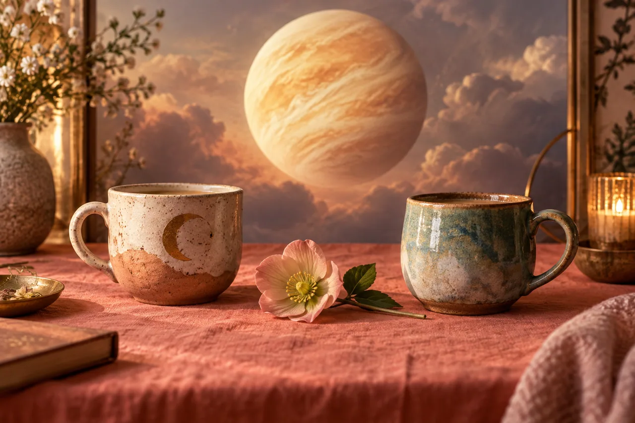 Two different handmade ceramic cups on a coral linen table with a single flower between them and a cloudy luminous Venus-like sphere in a subtle art backdrop.