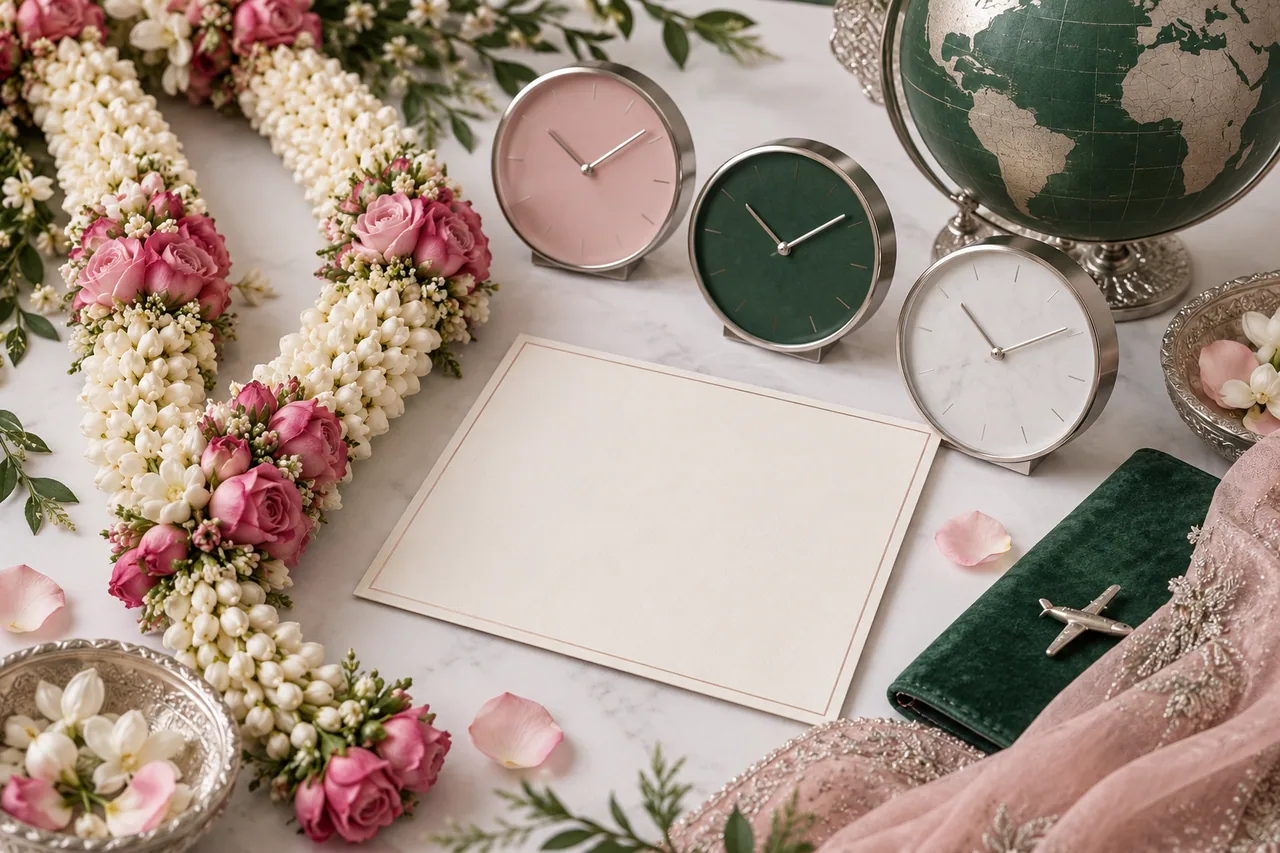 Two floral garlands beside a blank invitation and three travel-clock shapes without numerals on a white table.
