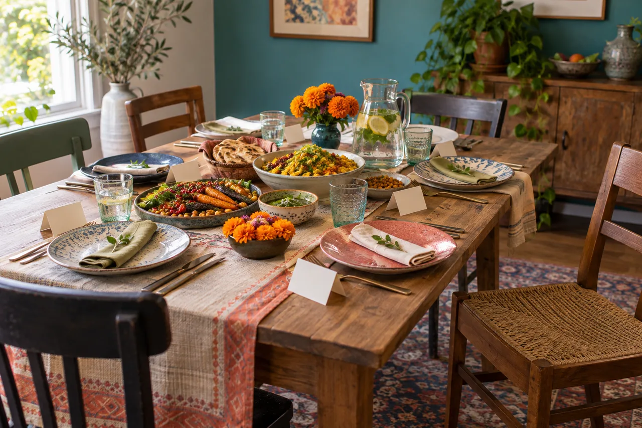 A home dinner table with varied ceramic place settings, shared food, marigolds and an extra chair.