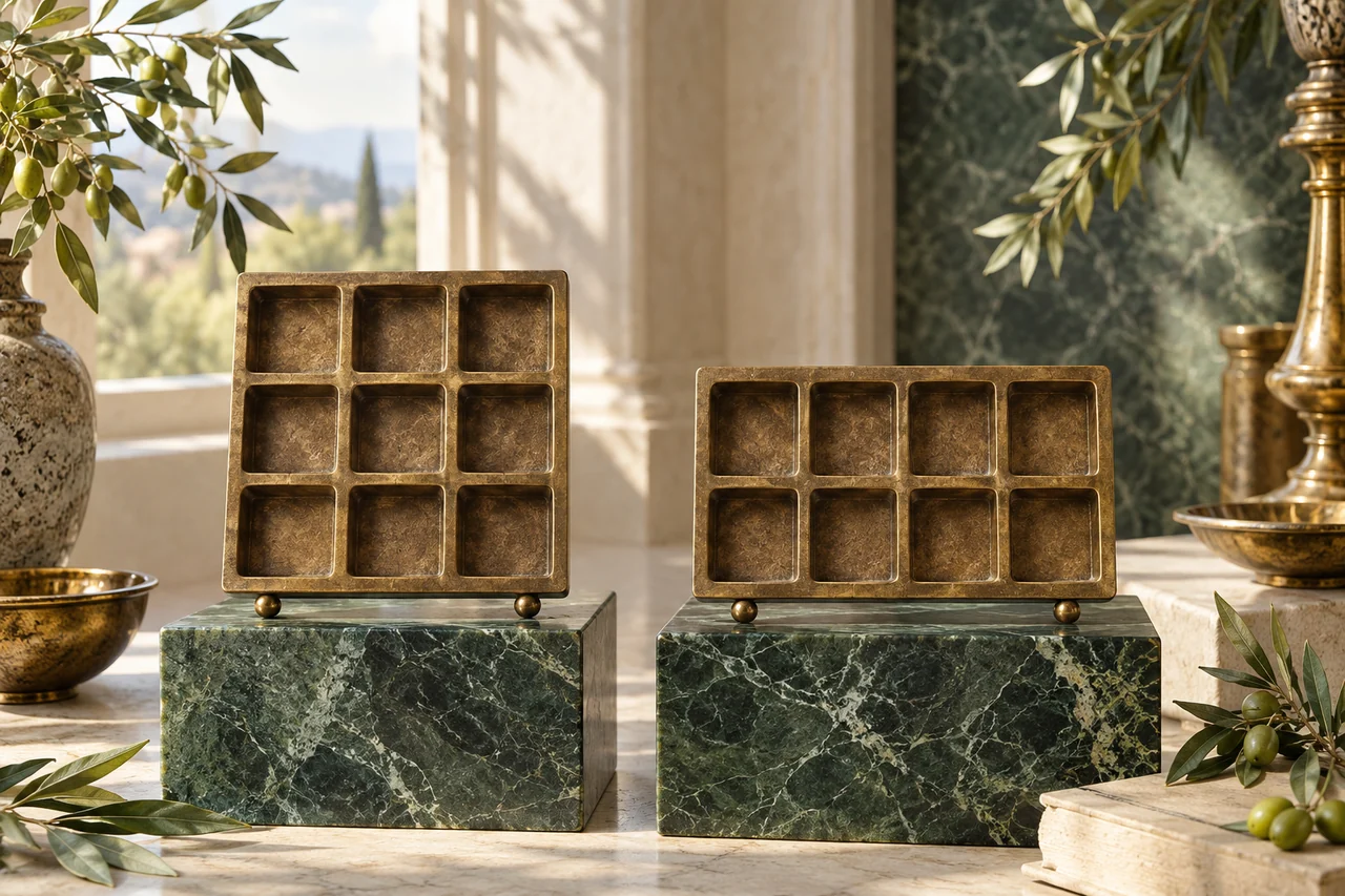 Illustrative nine-compartment and eight-compartment brass alphabet trays on equal green marble plinths.