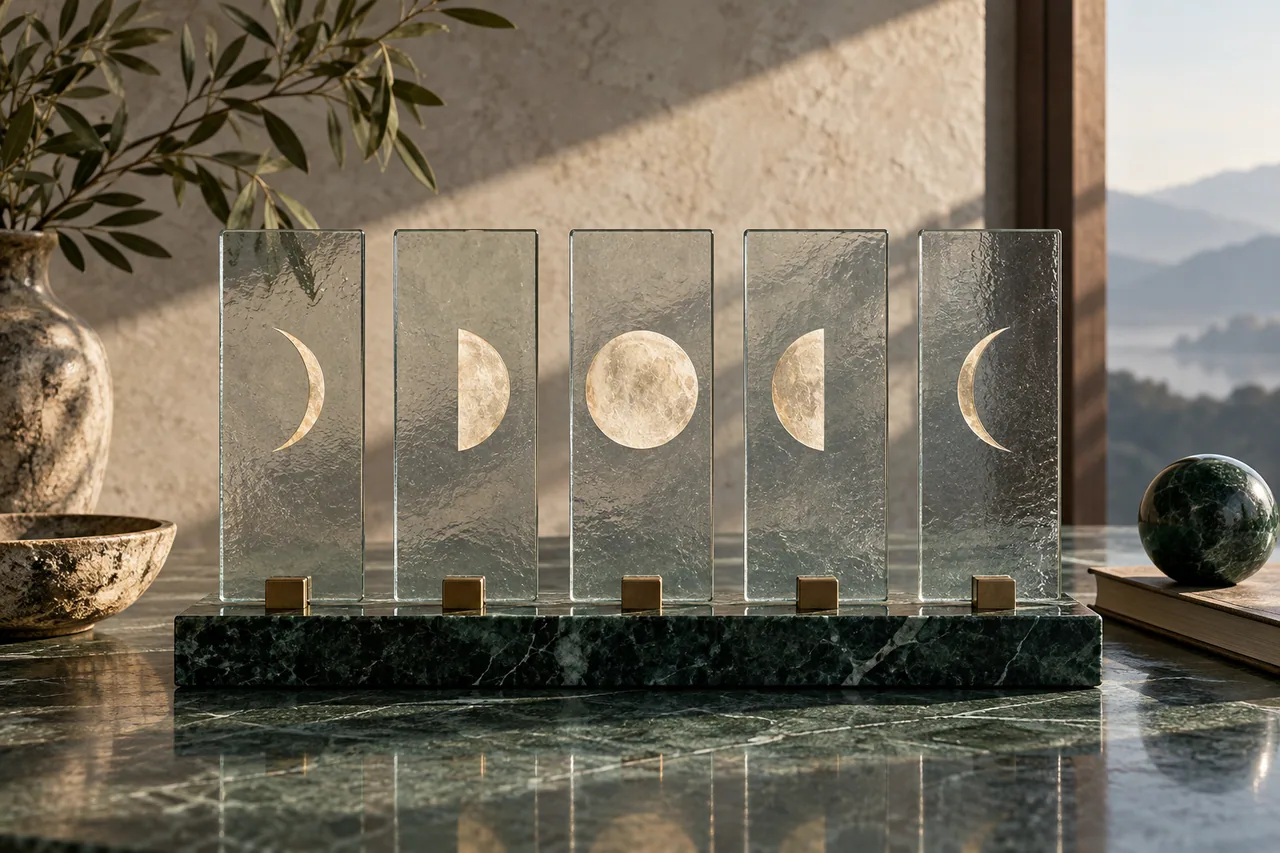 Five glass panels representing the five parts of a traditional calendar.