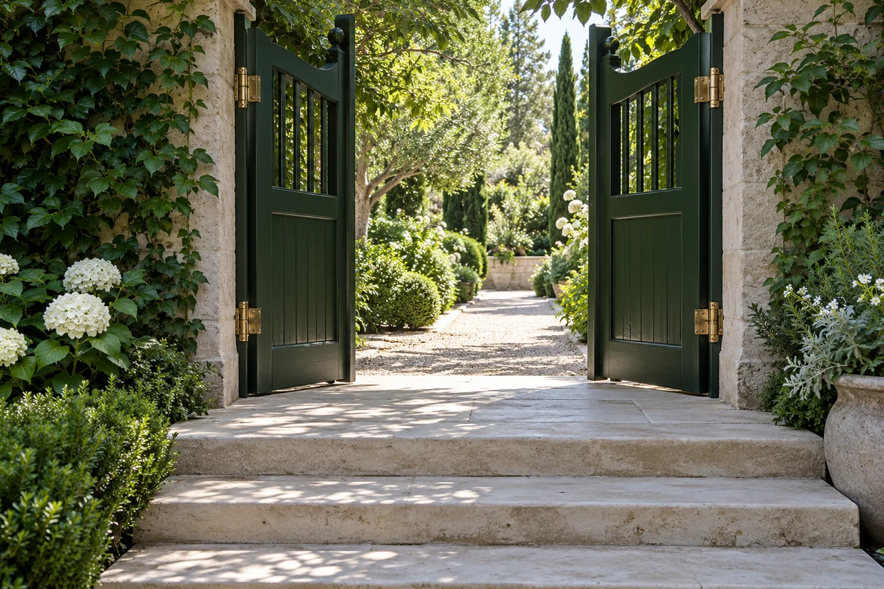An open dark green garden gate beside stone steps, with a clear sunlit path continuing beyond it.