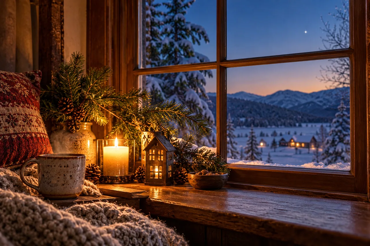 A warmly lit indoor window with a candle and evergreen branch.