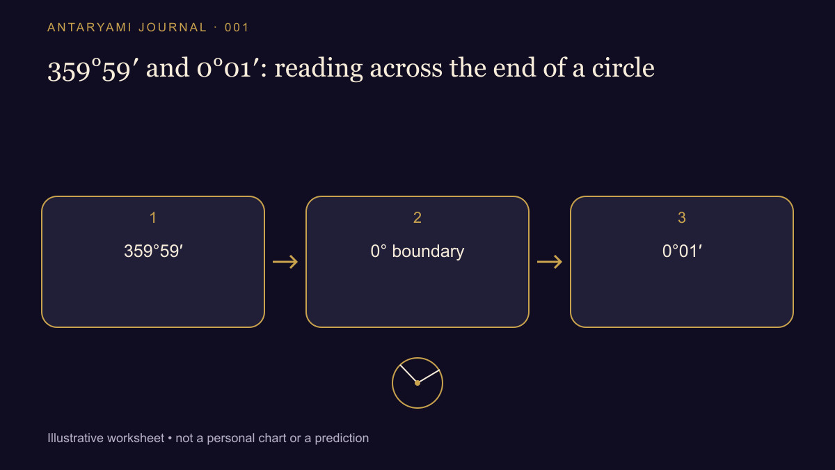 Conceptual diagram: 359°59′; then 0° boundary; then 0°01′.
