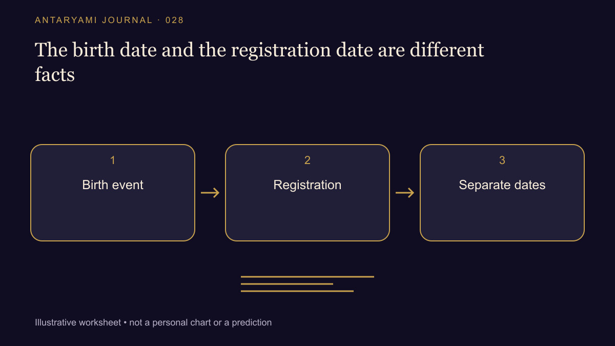 Conceptual diagram: Birth event; then Registration; then Separate dates.