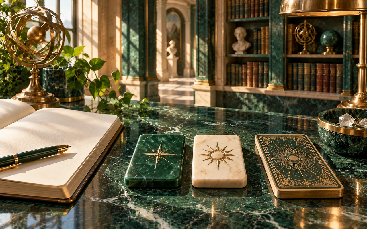 An original decorative card between two contrasting stone markers and an open notebook; conceptual yes-or-no imagery, not a factual verdict.